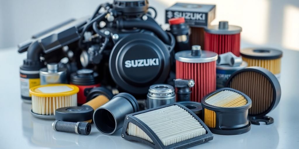 Close-up of Suzuki auto parts on a clean surface.
