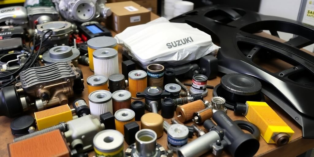 Variety of Suzuki spare parts on a workshop table.