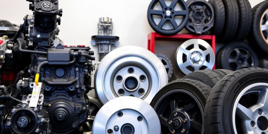 An assortment of quality Suzuki car parts in a workshop.