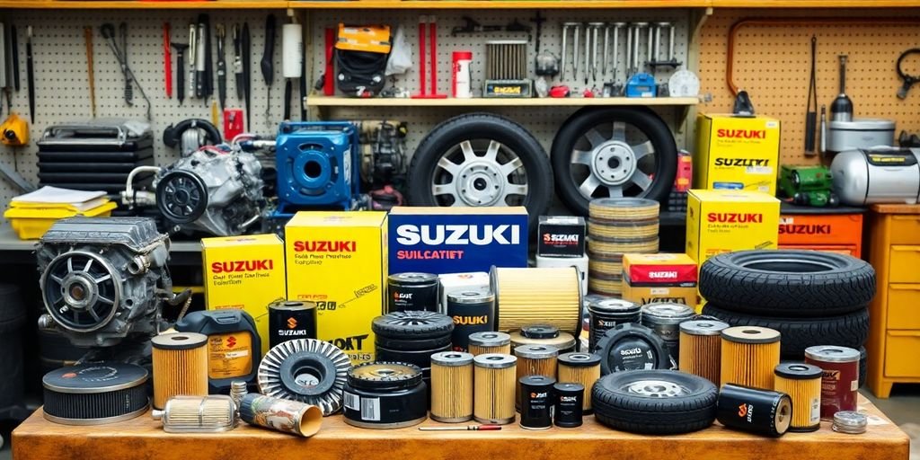 Quality Suzuki auto parts displayed on a workshop table.