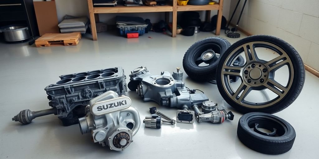 Suzuki car parts arranged neatly.