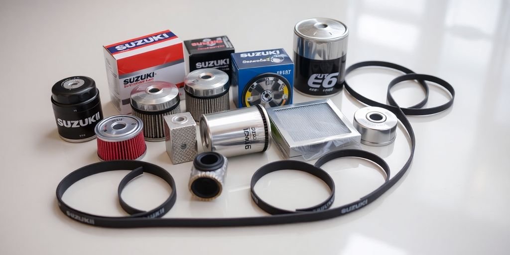 Suzuki car parts arranged neatly.