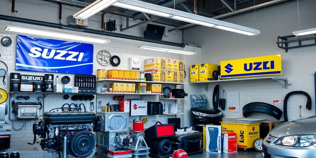 Genuine Suzuki car parts laid out.