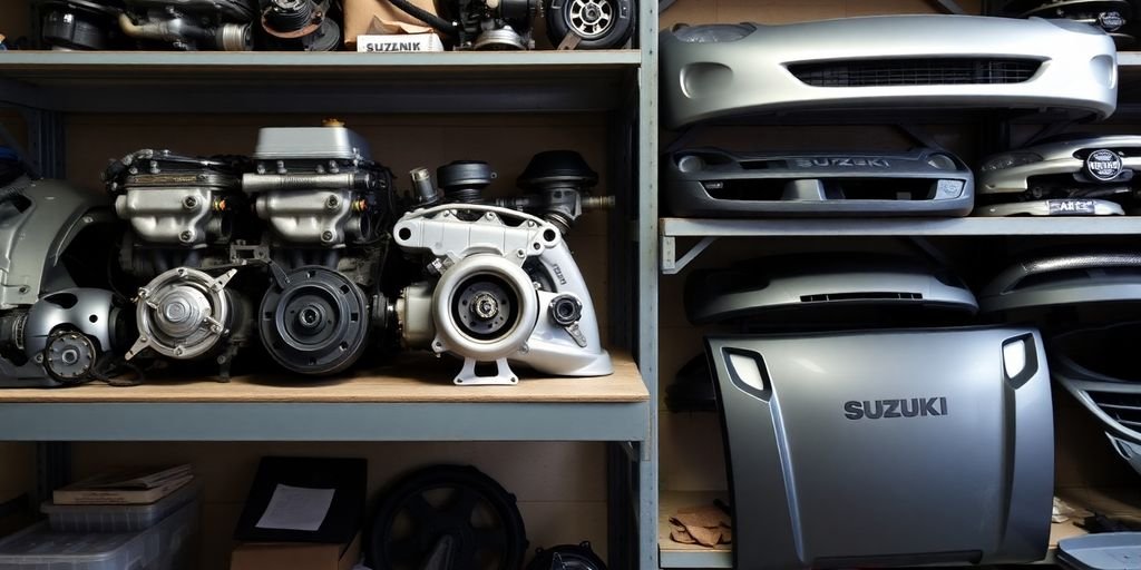 Suzuki car parts organized on shelves.