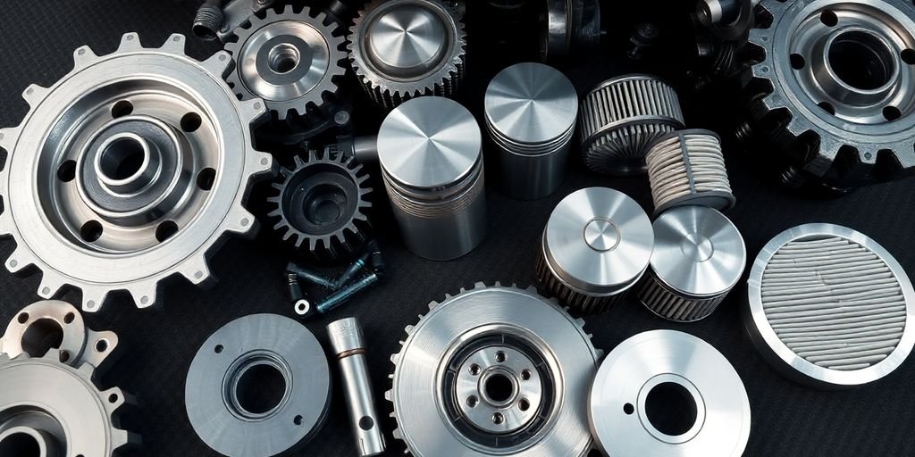 Suzuki car engine parts arranged neatly on a workshop bench.