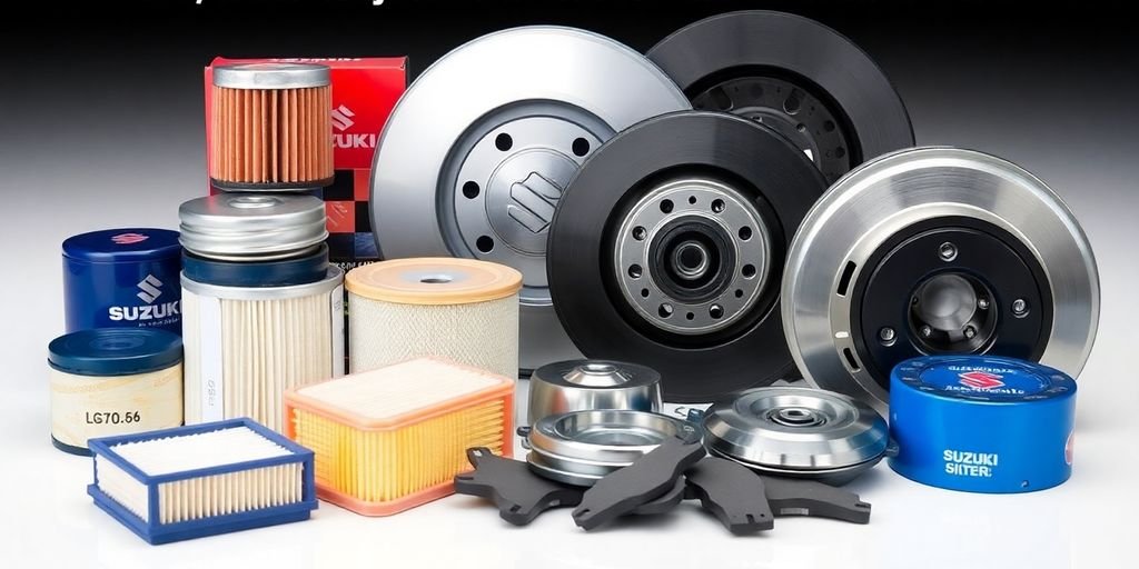 Suzuki car parts arranged neatly.