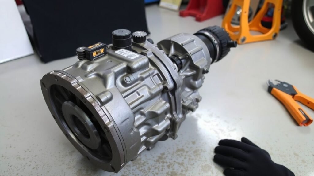 Used VW Golf gearbox with mechanic gloves and tools