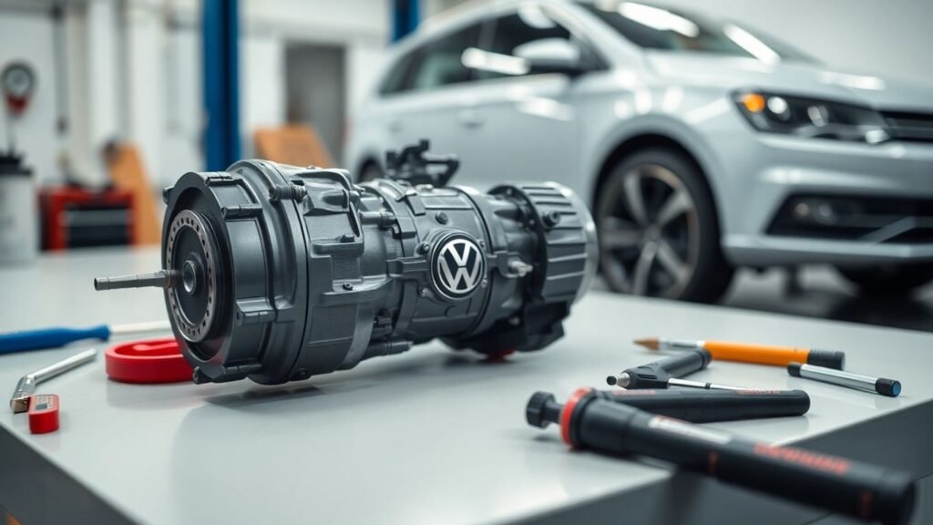 Volkswagen Passat transmission on workshop table with tools